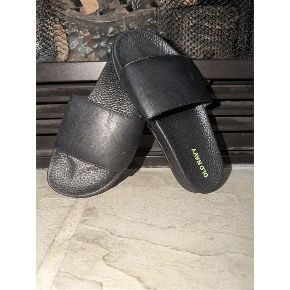 Old Navy Youth Slides Size 1-2 Slip On Sandals Black Faux Leather New B86